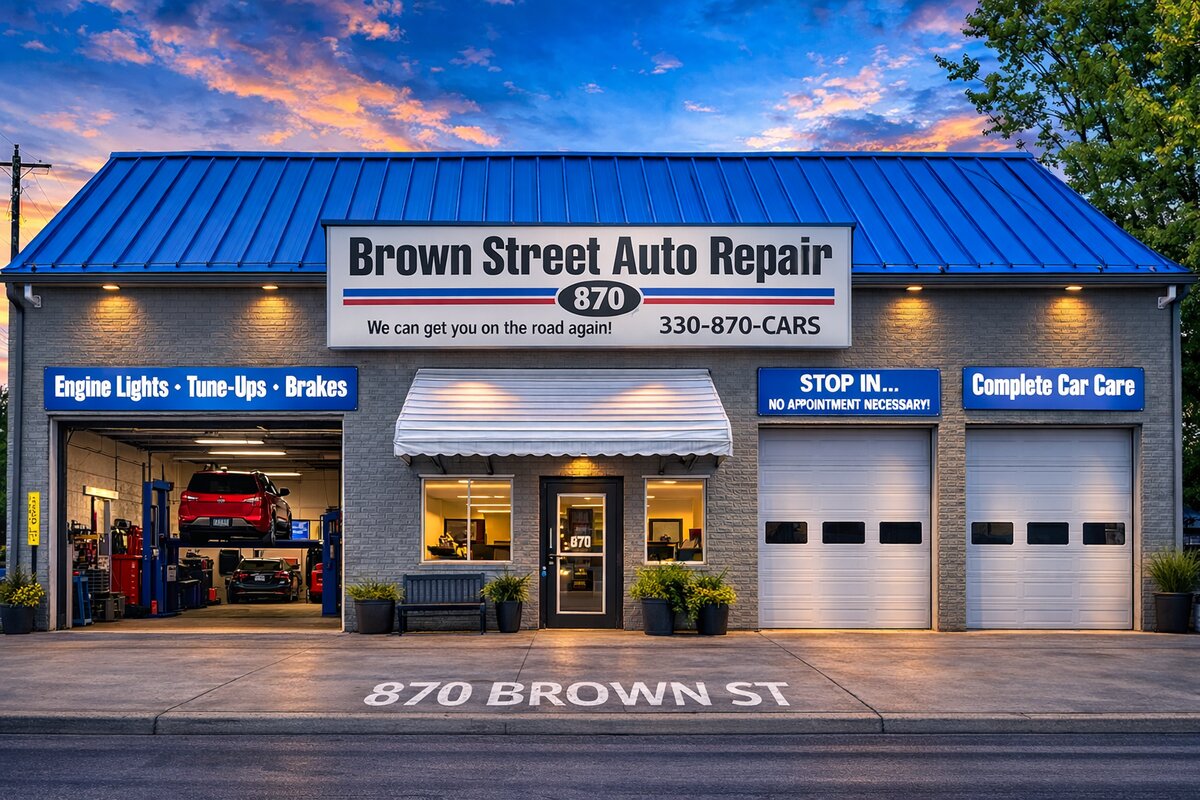 Brown Street Auto Repair storefront at evening 870 Brown Street Akron Ohio